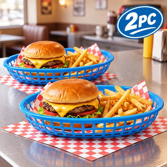Plastic Fast Food Baskets 2 Pack, Reusable Oval Serving Baskets for Parties 9.45"*6"