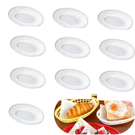 Plastic Fast Food Baskets - 9.4x6x1.5in Food Baskets For Serving - Reusable Foodservice Restaurant Diner Burger Fish Chip Sandwich Plates Tray Platter (10Pack, White)