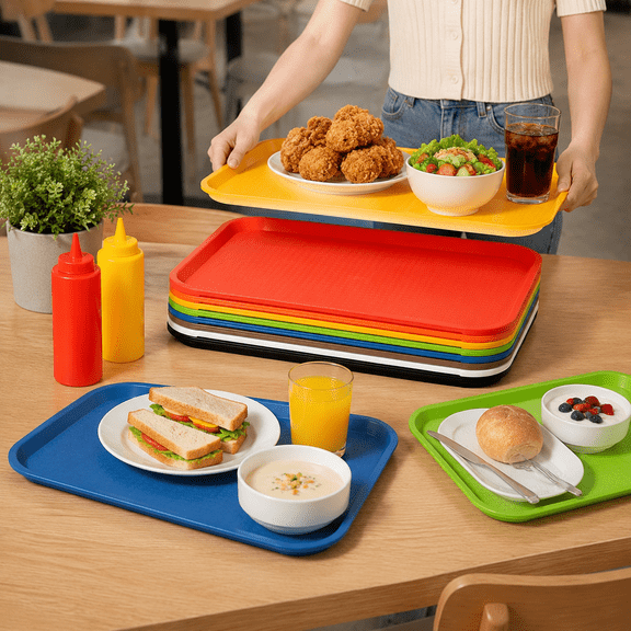 Plastic Fast Food Trays, 8 Pack Cafeteria & Restaurant Serving Tray Set for Coffee Table, Kitchen & Party, Multi-Color Reusable Snack Trays for Home, School, Events (11.8x16.3x0.8 Inches)