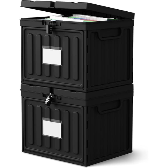 Plastic Letter-Size Hanging File Box with Lid – Large 2-Pack, Black, Stackable, Lockable, Dustproof, Water-Resistant