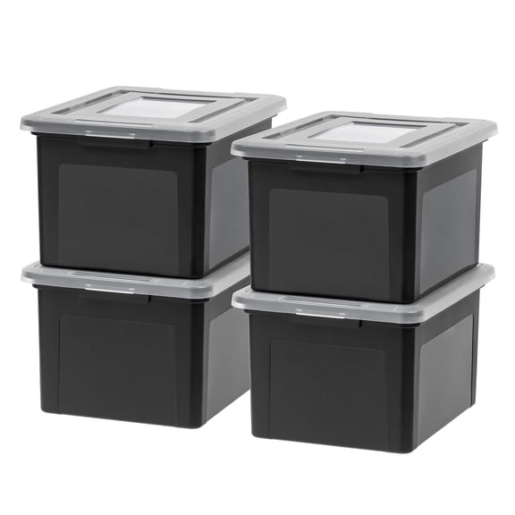 Plastic File Box with Lid, 35 Qt Letter/Legal Hanging File Organizer Storage Bin, Stackable Portable Document Case, Black 4-Pack