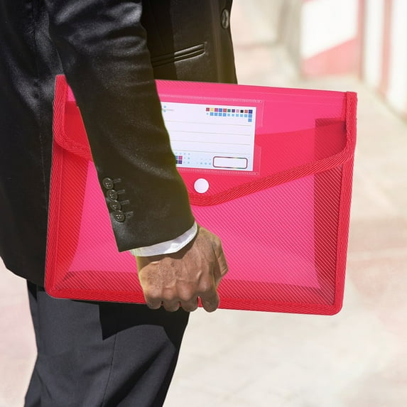 Plastic File Folders Envelope Expanding File Wallet Organizer Documents Folder with Snap Closure and Pocket, A4 Size Waterproof Transparent File Pouch(Red)