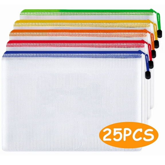 Plastic File Folders Envelops Mesh Zipper Pouch Document Holder Bag for Organizing, Waterproof, Letter Size for Office Supplies Storage Bag A4 25Pcs