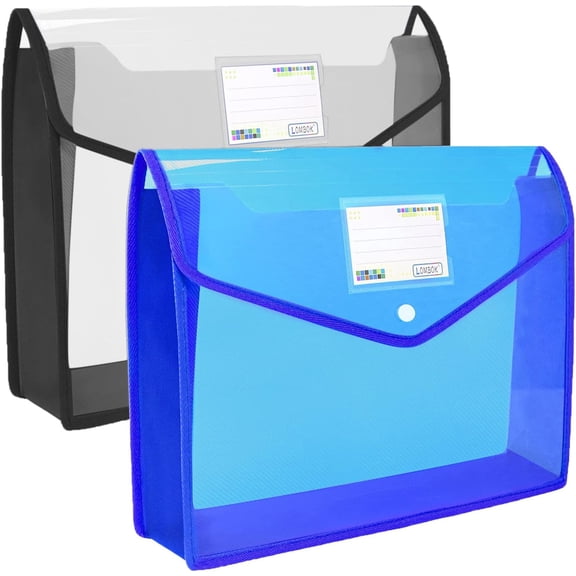 Plastic File Folders Legal Size 2 Pcs, Expandable Document Folder with Snap Button Closure, A4 Expanding File Wallet Envelopes Pouch with Label Pocket, Black&Blue