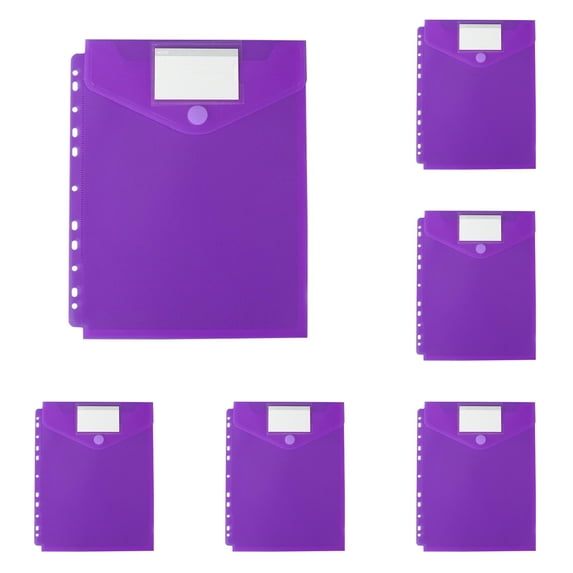 Plastic File Folders with Secure Button Closure and Removable Label, 11-Hole Vertical Sleeves for Standard Binders, Sturdy Purple Document Storage Organizers, Purple, 5-Pack, By Cosmug