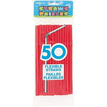 Plastic Flexible Straws, 8 in, Red, 50ct