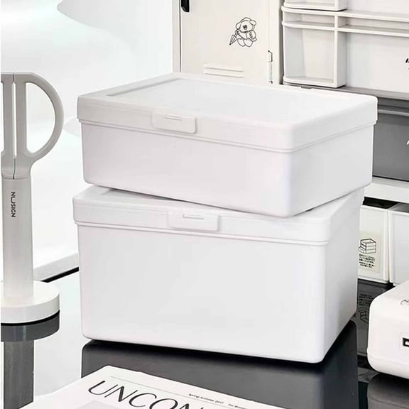 Plastic Flip Top Storage Box with Lid, White Desktop Organizer Bin for Office Supplies, Stationery and Small Parts Storage