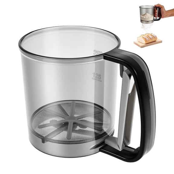 Hand Press Flour Sifter for Baking, Transparent Cup with Clear Measurement Scale, 9oz Fine Sifter for Baking, BPA-Free Baking Sieve for Flour , Powdered Sugar and Cocoa, 1 Pack
