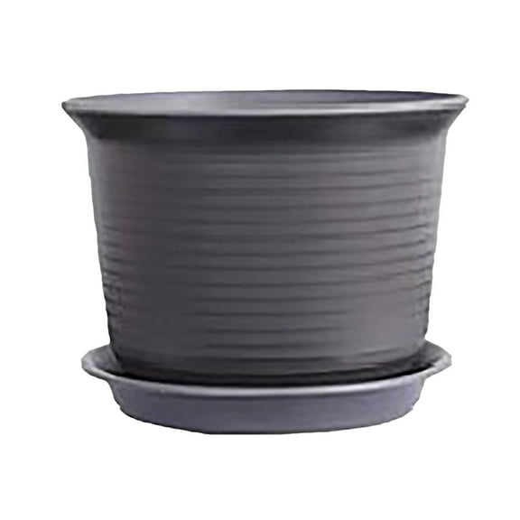 Plastic Flower Pot, Decorative Resin Pot for Plants Succulent Pot Indoor Thicken Planter With Drainage Hole & Tray, Horizontal Striped Succulent Planter Cactus Pot, 7.2In Dia / 5.1In H, Deep Gray