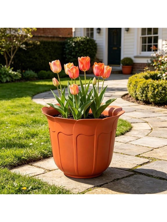Plastic Flower Pot with Wavy Rim, Faux Ceramic Planter with Matching Base Tray and Good Air Permeability, Plant Pot for Succulents Flowers Indoor Outdoor and Home Gardening