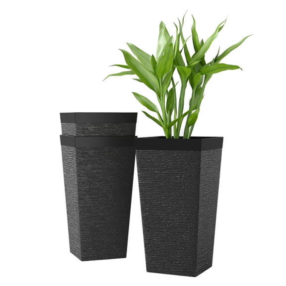 Plastic Flower Pots 13 Gallon Set of 3, 22.8 Inch Tall Outdoor Planters on Wheels, Faux Stone Finish, Stackable Large Plant Pots for Patio, Garden, Entryway