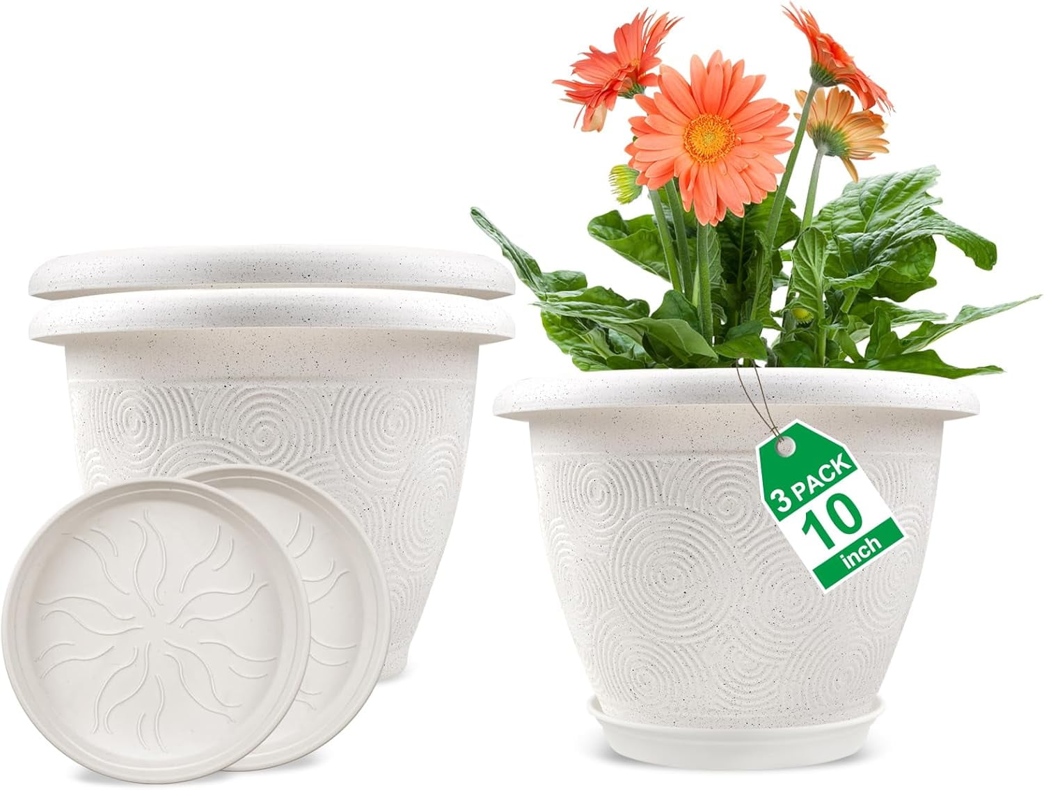 Plastic Flower Pots Planters for Indoor Plants, 3 Pack 10 Inch White ...