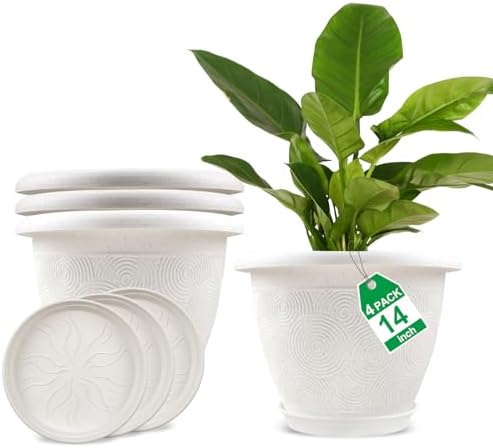Plastic Flower Pots Planters For Indoor Plants, 4 Pack 14 Inch White ...