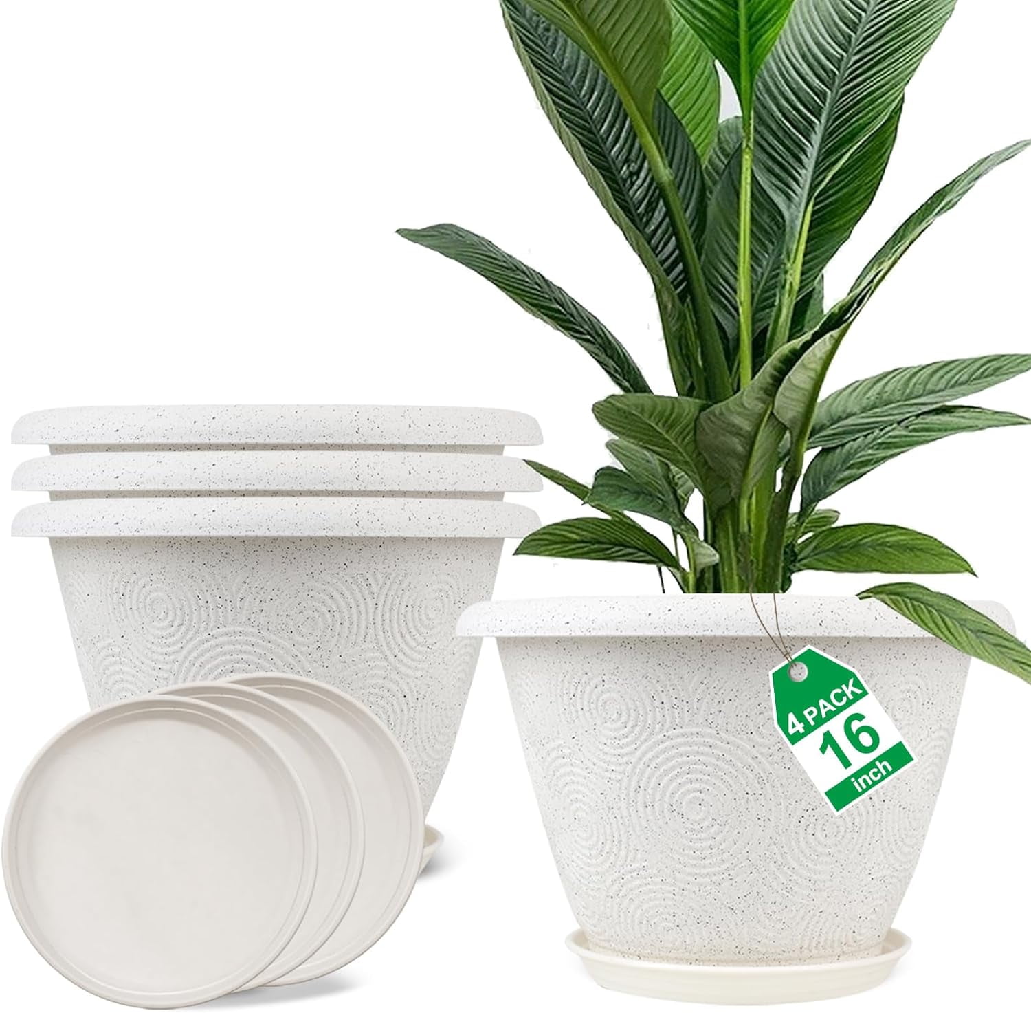 DEA Plastic Flower Pots Planters for Indoor Plants,4 Pack 16 Inch White Plant Pots with Drainage Hole&Tray,Modern Decorative Large Plant Pot with Saucer for Indoor Outdoor Plants Garden House Planter