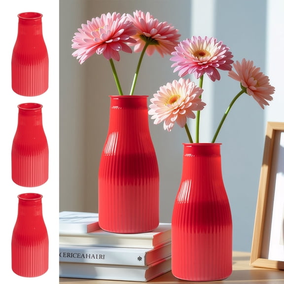 Plastic Flowers Vase,Non Fragile Tabletop Ribbed Vase,Modern Artistic Decor Household Display,Dining Table,Bookshelf Ornament,7.7x3.54 Inch