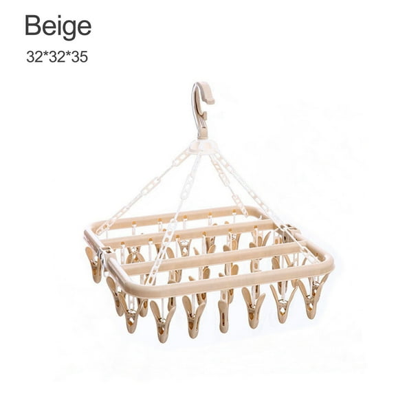 Plastic Foldable Clip Clothes Drying Rack Space Saving Indoor Sock Drying Hanger Beige,1*Foldable 32-Clip Clothes Drying Rack
