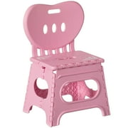 Basicwise Foldable Step Stool with Heart Shaped Backrest, Plastic Pink