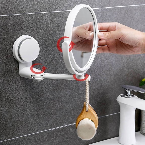 Plastic Foldable Wall Mirror for Bathroom - Round Punch-Free Vanity Mirror with Hooks, Rotating Swivel Design, Space Saving Home Mirror for Storage and Grooming, 1 Pack