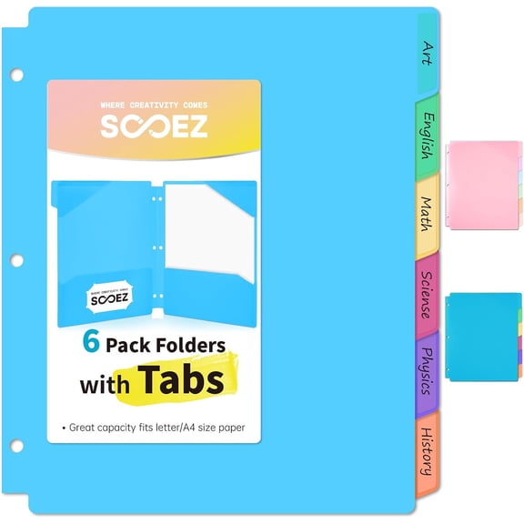 Plastic Folders with Pockets and Tabs, 6 Pack Pocket Folders with Writable Label Stickers, Fits 3-Ring Binder, Holds Letter/A4 Size Paper, Back to School Office Filing Supplies, Bright Colors