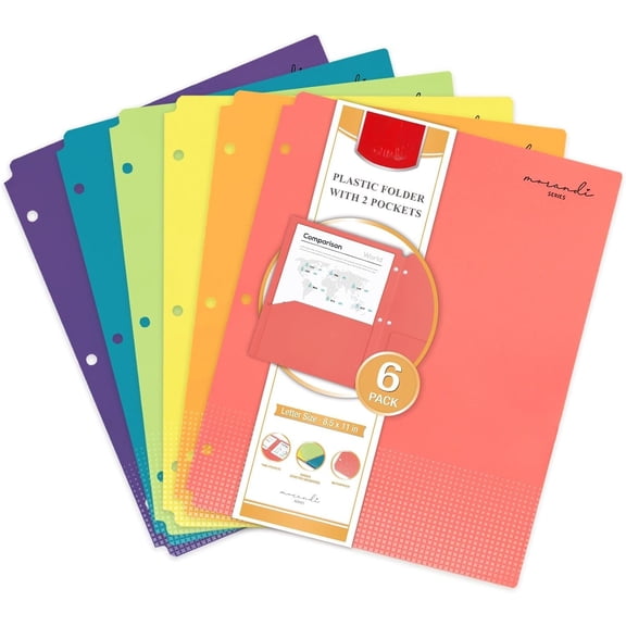 Plastic Folders with 2 Pockets, Fit for 3 Ring Binder, Letter Size, Primary Colors, 6 Pack
