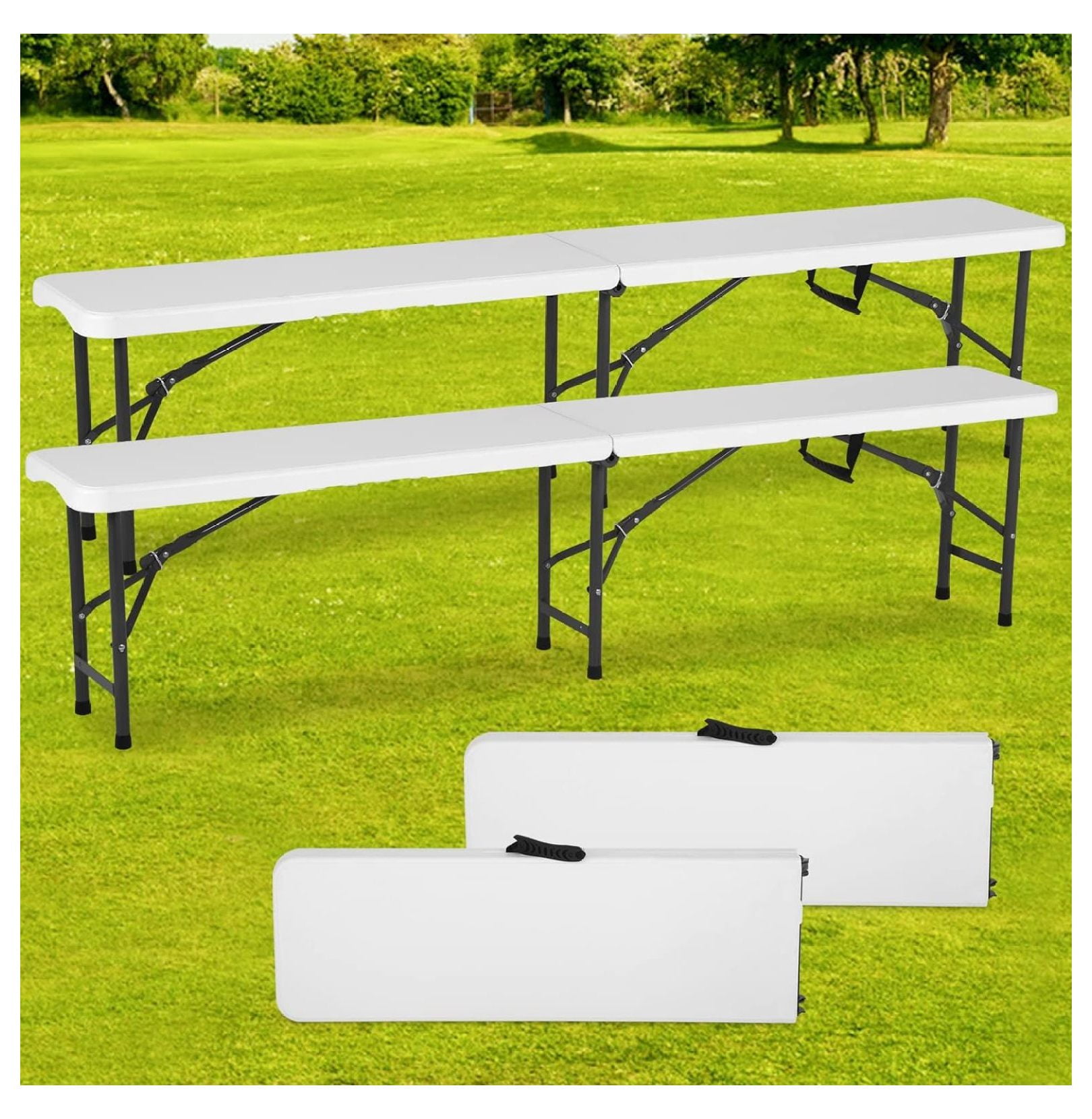 Plastic Folding Benches 6 Foot 2 Pack, Portable Outdoor Bench with Handle & Lock for Picnic