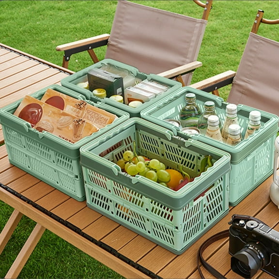 Plastic Folding Storage Basket - Portable Collapsible Bin for Picnic, Shopping, Snacks, Sundries, and Grocery Organization - Stackable Utility Crate for Home, Kitchen, Office, Car, Camping