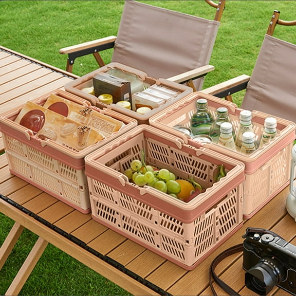 Plastic Folding Storage Basket - Portable Collapsible Bin for Picnic, Shopping, Snacks, Sundries, and Grocery Organization - Stackable Utility Crate for Home, Kitchen, Office, Car, Camping