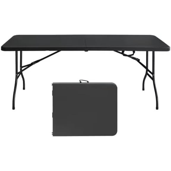 Plastic Folding Table, 6 Ft Portable Heavy Duty Fold-in-Half Utility Table Indoor Outdoor for Dining, Picnic, Party, Camping, Black