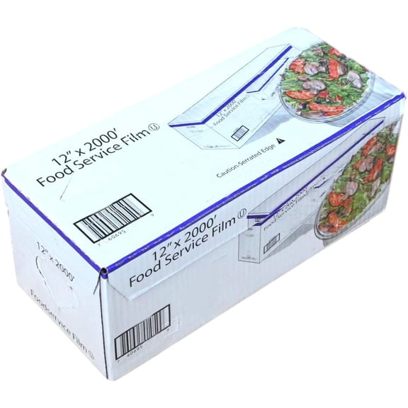 Plastic Food Film Seal Wrap in Cutter Dispenser, Stretch Tight, Food Service Grade, 12" x 2000' Square Feet Roll