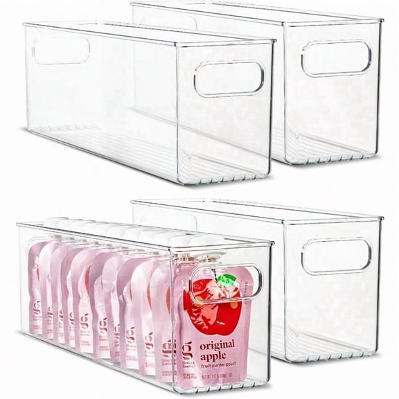 Plastic Food Storage 4 Pack Clear Container Bin with Handles for Organizing Kitchen Pantry Refrigerator Freezer Pantry Cabinet Closet Bathroom. 14x4x5