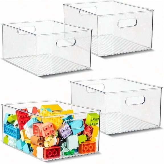 Plastic Food Storage 4 Pack Clear Container Bin with Handles for Organizing Kitchen Pantry Refrigerator Freezer Pantry Cabinet Closet Bathroom 10x8x5