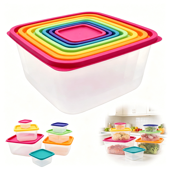 Plastic Food Storage Container Set | 7-Piece Multi-Color Rainbow Kitchen Organizers | Airtight Lids for Leftovers, Meal Prep & Reheating | Stackable & Space-Saving Design