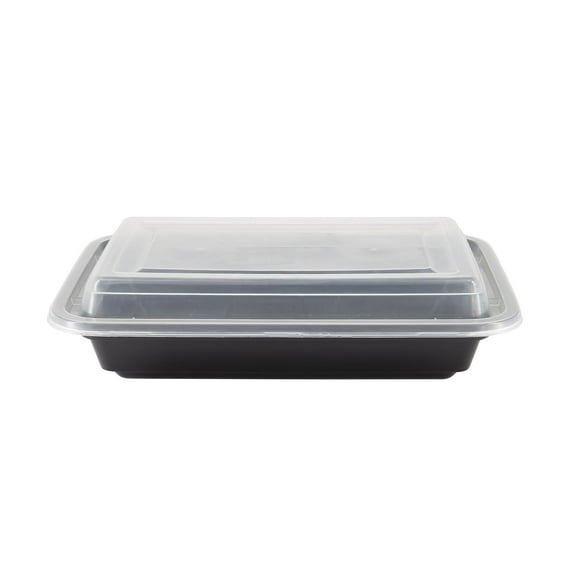 Plastic Food Storage Containers with Lids, 28 oz, Black Containers with Clear Snap Lids, Pack of 50