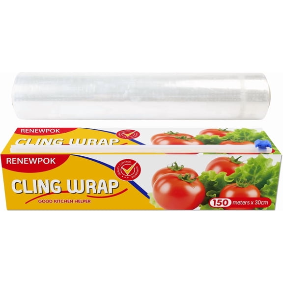 Plastic Food Wrap- 485 SQ. FT. Kitchen Cling Wrap Includes Slide Cutter BPA-Free Clear Cling Film 30cm150Meters