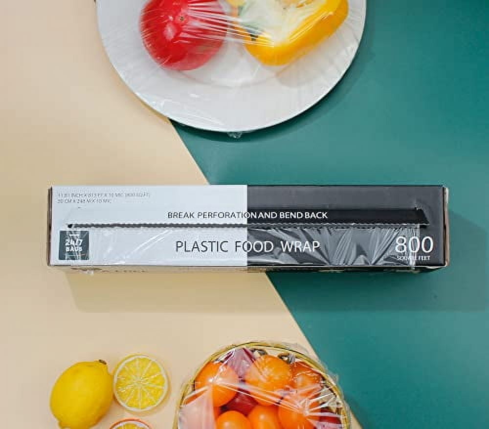 Plastic Food Wrap- 9600 SQ. FT. (12 Packs of 800 Sq. Ft.) BPA-Free, Optional Slide Cutter Included, Extra Cling And No Mess