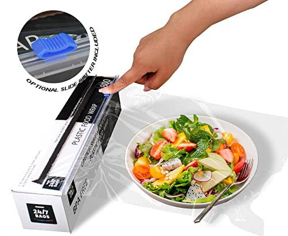 Plastic Food Wrap- 9600 SQ. FT. (12 Packs of 800 Sq. Ft.) BPA-Free, Optional Slide Cutter Included, Extra Cling And No Mess