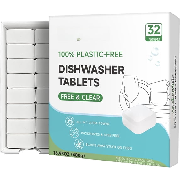 Plastic-Free Dishwasher Detergent Tablets, 32 Count, Free & Clear, -in- Dishwashing Pods, Enzyme- for Stuck- , Phosphate & Dye Free, -Free Sparkling Shine