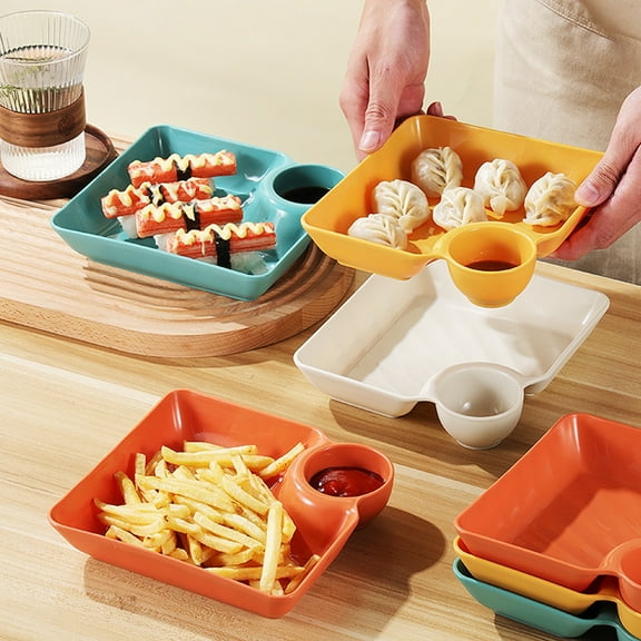 Plastic Fries Tray with Sauce Compartment | Snack, Dumpling & Sushi Serving Plate | Built-in Ketchup Separator | 7.2" Square | Food Grade | Stackable | 1 Pack