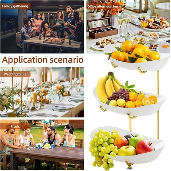 Plastic Fruit Bowl Basket for Kitchen Countertop, 3 Tier Fruit Holder with Gold Metal Stand, Serving Tray for Fruit Vegetable Storage, Cake, Dessert, Nuts, Snack, Salad in Party