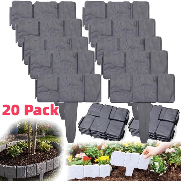 Plastic Garden Edging Border, Imitation Stone Fence Panels, Grey Cobbled Effect Landscape Decor, Interlocking Retaining Edge for Flower Bed Yard Path Lawn - Gray (10pcs)