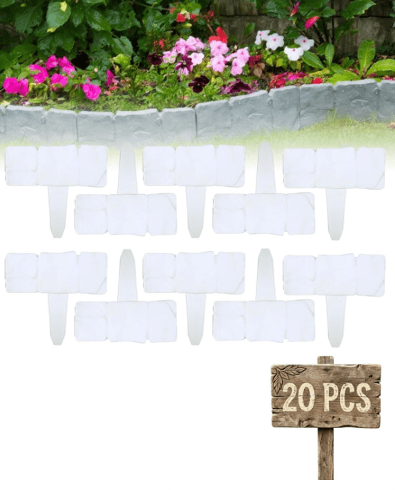 Plastic Garden Edging Stone-Look Border - Decorative Flower Bed Fence for Landscaping,Stone Landscape Edging,Faux Stone Trim with Stakes,20 Pieces of Dark White Interlocking Lawn Stakes