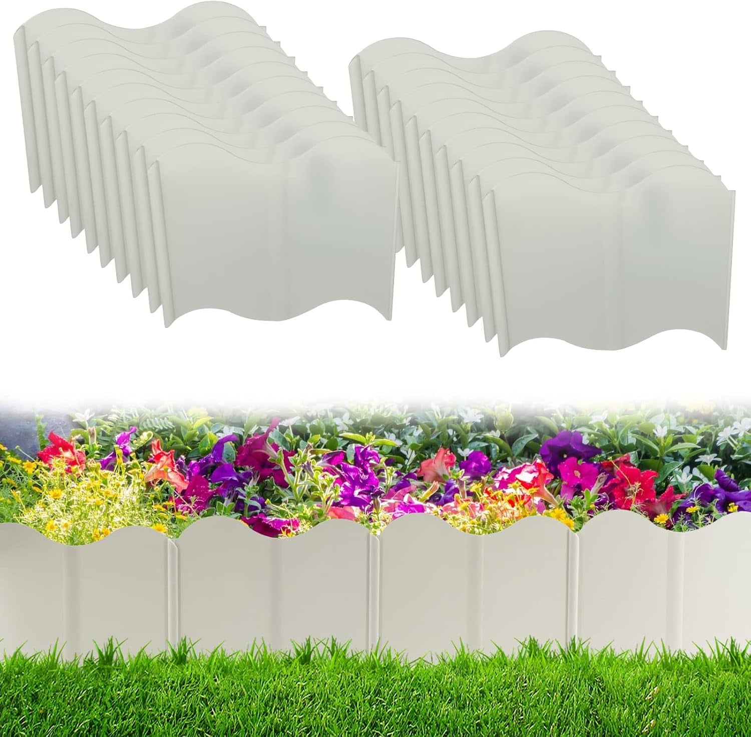 Plastic Garden Fence Edging, 40-Pack White Interlocking Landscaping Edging, Creates a Clean Look \u0026 Low Maintenance, Flexible Lawn Edging for Outdoor Patio Pathway, Perfect for