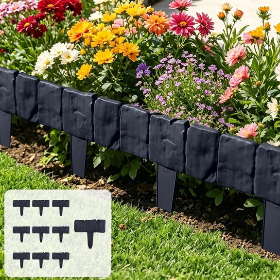 Plastic Garden Fence, Outdoor PVC Modular Fencing, Durable Weather Resistant Yard Railings, Easy Snap-On Installation, Decorative Flower Bed Divider for Lawn Patio Black