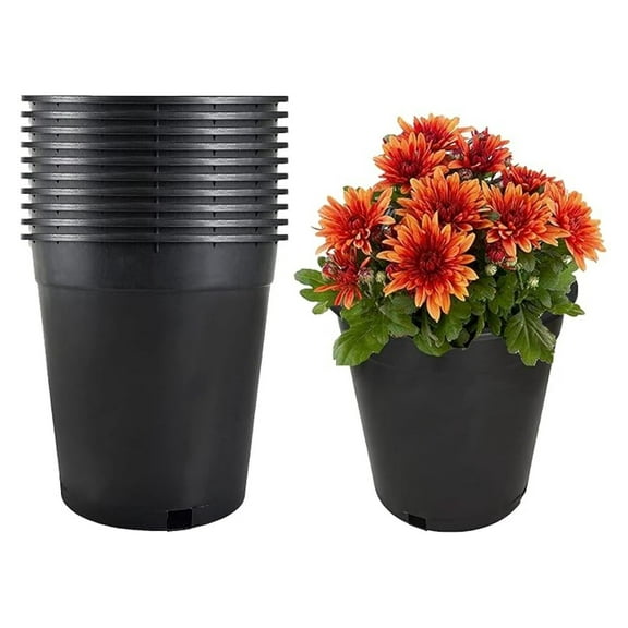 Plastic Garden Planter Pots 10-Pack, 3.6/5/10 Gallon Round Nursery Pots with Drainage, Seedling Containers for Indoor/Outdoor Plants, Flowers, Vegetables - Black