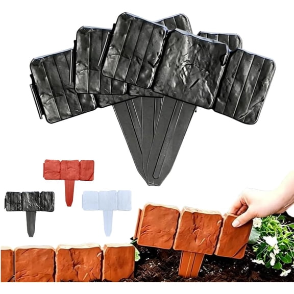 Plastic Garden Retaining Fence, 2026 New Imitation Stone Garden Retaining Fence, No Dig Interlocking Landscape Edging with Stakes, Decorative Lawn Border for Flower Beds, Yard (10PCS-Black)