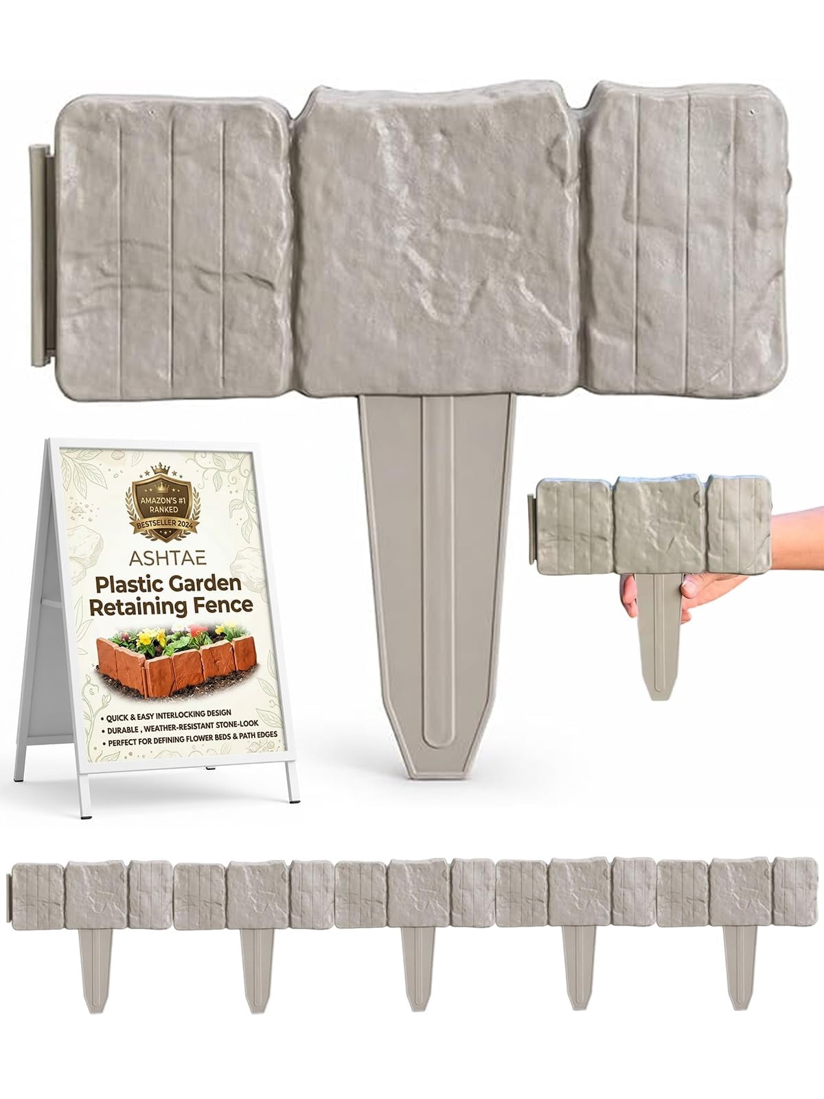 Plastic Garden Retaining Fence Garden Edging Landscape Flower Bed Edging Borders Faux Stone for Landscaping Lawn Blocks Interlocking No Dig Flexible Weather Resistant Outdoor Beds