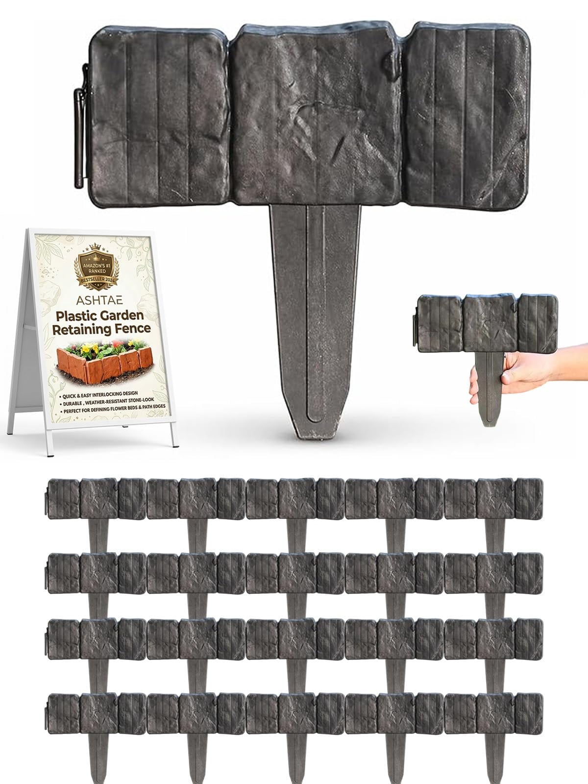 Plastic Garden Retaining Fence Garden Edging Landscape Flower Bed Edging Borders Faux Stone for Landscaping Lawn Blocks Interlocking No Dig Flexible Weather Resistant Outdoor Beds