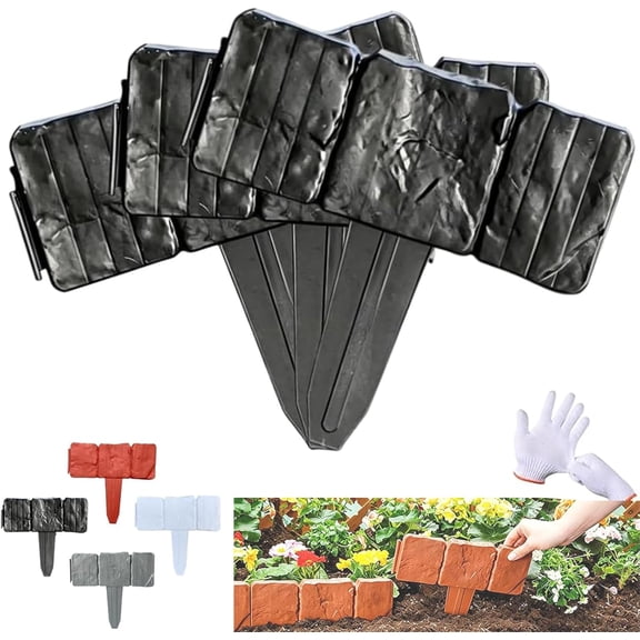 Plastic Garden Retaining Fence, Imitation Stone Garden Fence Border, No Dig Interlocking Landscape Edging with Stakes, Decorative Lawn Border for Flower Beds, Yard, Patio & Outdoor DIY (black-10pc)
