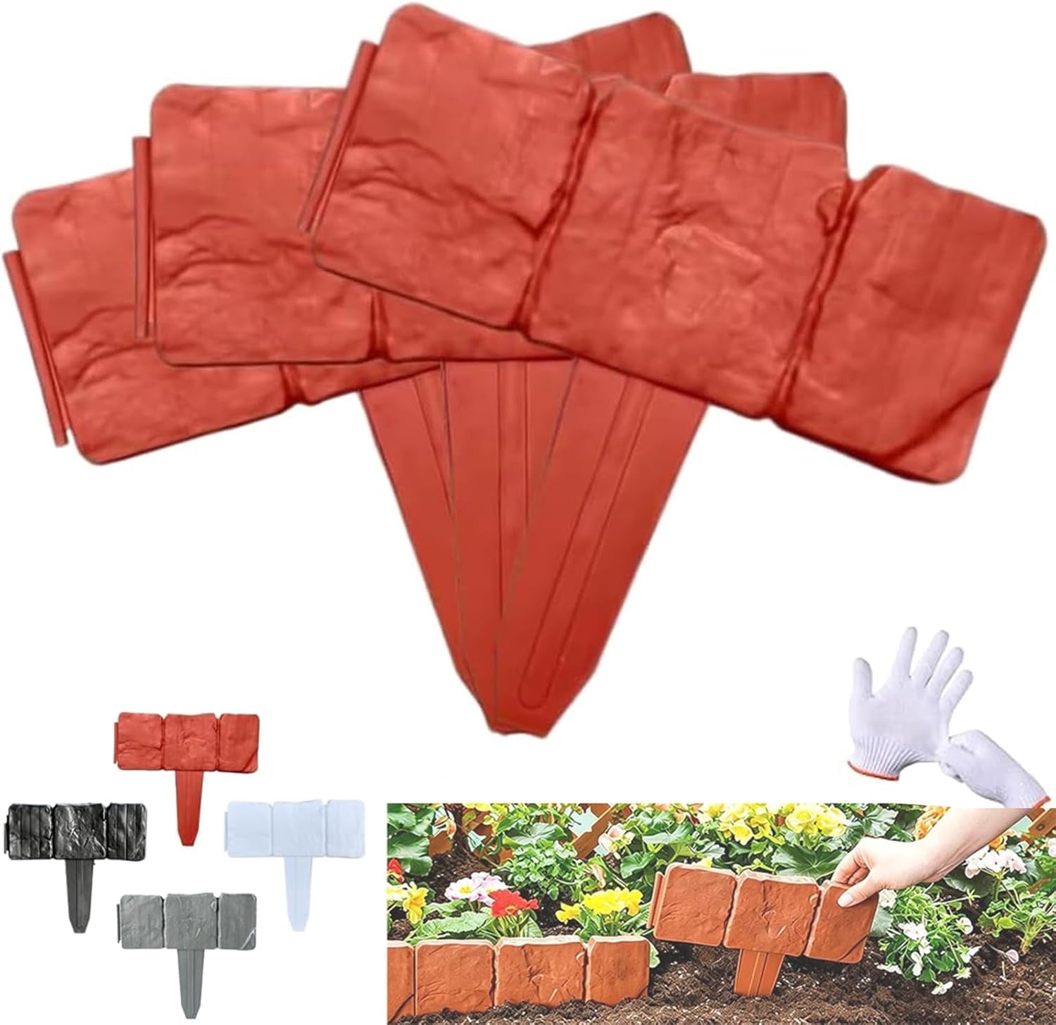 Plastic Garden Retaining Fence, Imitation Stone Garden Fence Border, No Dig Interlocking Landscape Edging with Stakes, Decorative Lawn Border for Flower Beds, Yard, Patio & Outdoor DIY (red-10pc)