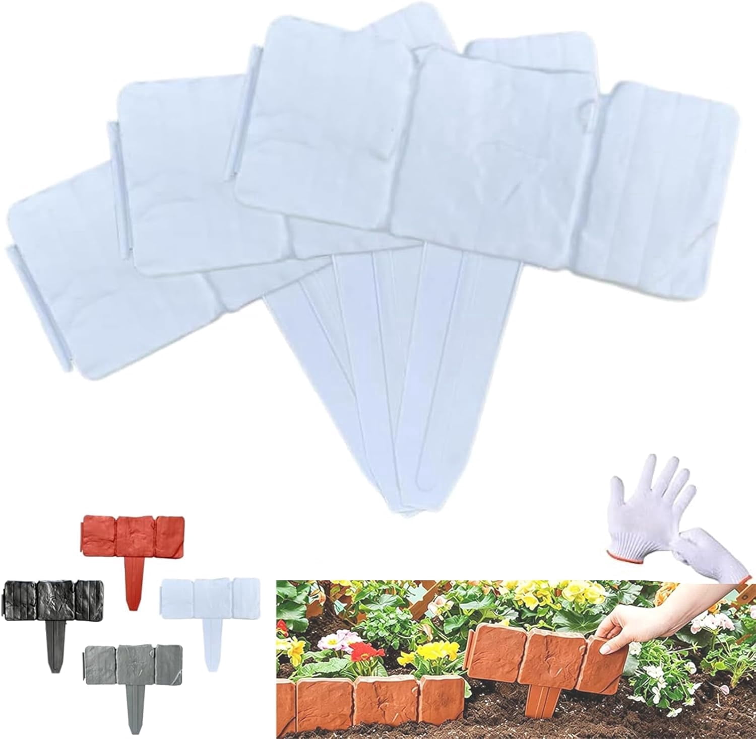 Plastic Garden Retaining Fence, Imitation Stone Garden Fence Border, No Dig Interlocking Landscape Edging with Stakes, Decorative Lawn Border for Flower Beds, Yard, Patio & Outdoor DIY (white-10pc)